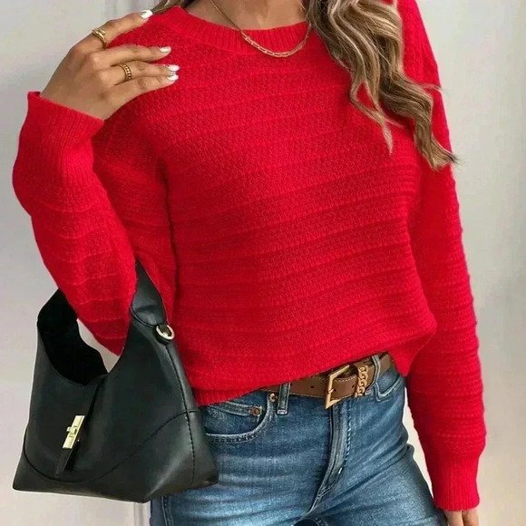 Red Casual Women's Elegant Bowknot Decor Drop Shoulder Sweater - Picture 3 of 4